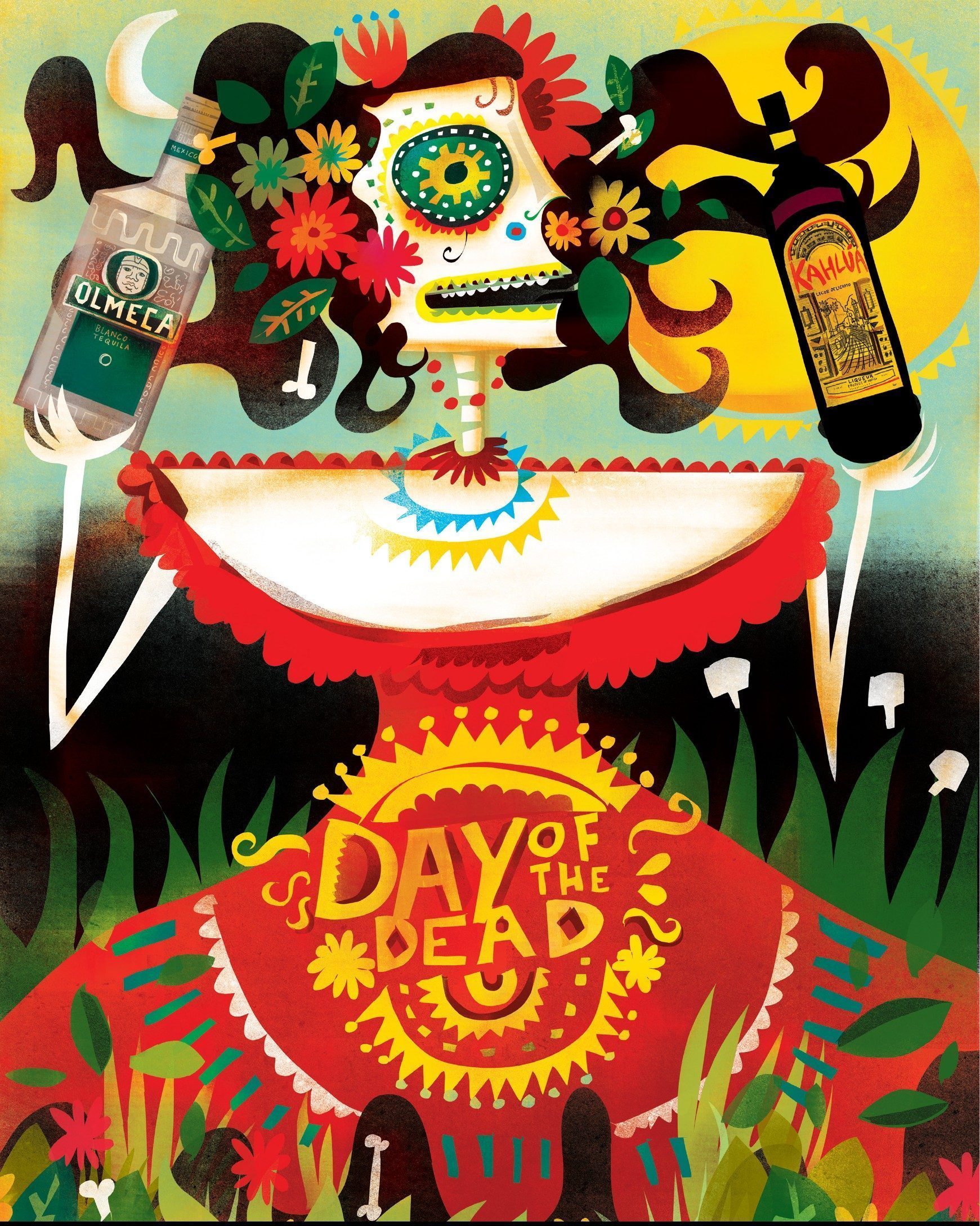 Day of the Dead illustration with Olmeca and Kahlua bottles